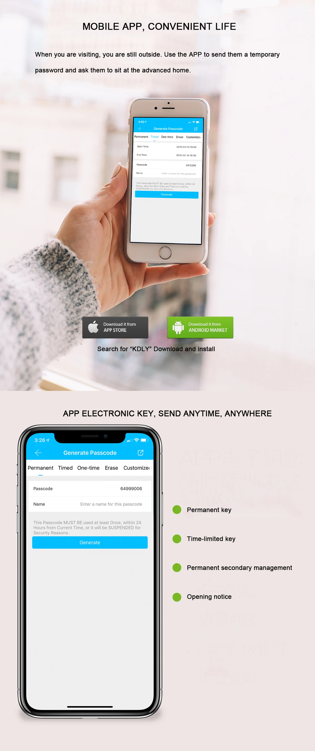 Smart phone lock app control bluetooths fingerprint password door lock support Android and IOS phone system