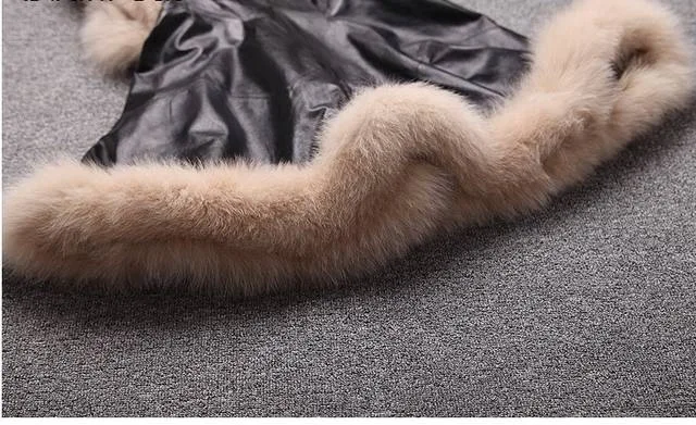 2014 the new explosion models in Europe and America big plush leather trim grass washed hooded sleeveless long vest