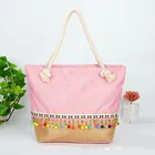 Wholesale Jute Burlap Rope Handle Boho Pom Pom Tassel Women's Beach Bag