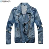 Guangzhou custom men blue distressed denim jackets wholesale jeans coat