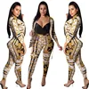 2019 hot sell women sexy ol office ladies sexy gold printed suit blazer two piece Outfits (crop top+pants) 2 Piece Set