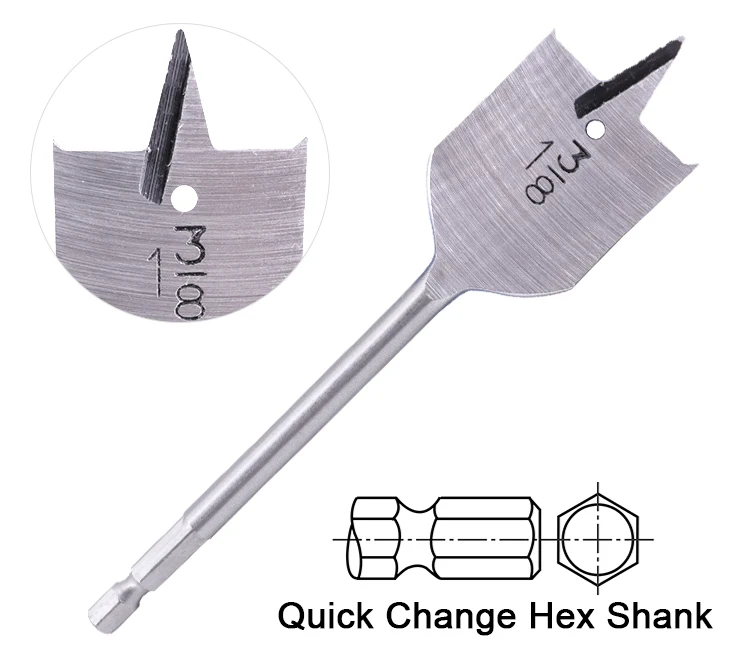Hex Shank Tri-Point Flat Wood Spade Drill Bit for Wood Drilling