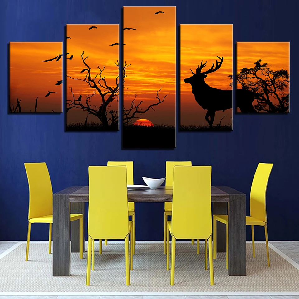 Wall-Art-Canvas-Painting-Wall-Pictures-For-Room-Home-Decorative-5-Panel-Forest-Animal-Deer-Sunset (1)