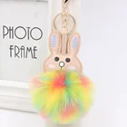 15CM Environmentally Friendly Plating Alloy Key Ring Rainbow Color PU Rabbit Pom Pom Keychain