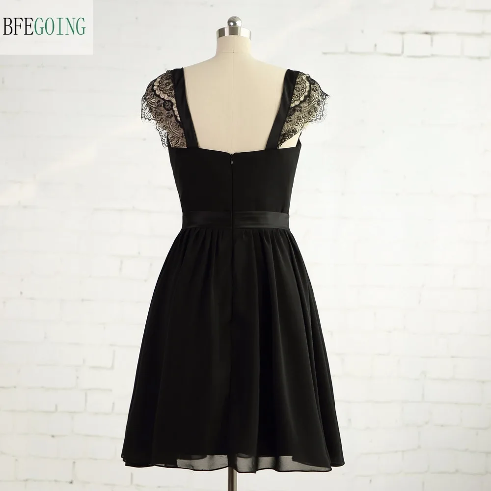 Black Chiffon Lace Knee-Length A-Line Bridesmaid Dresses Cap Sleeves  Real/Original Photos Customized Made - AliExpress 320