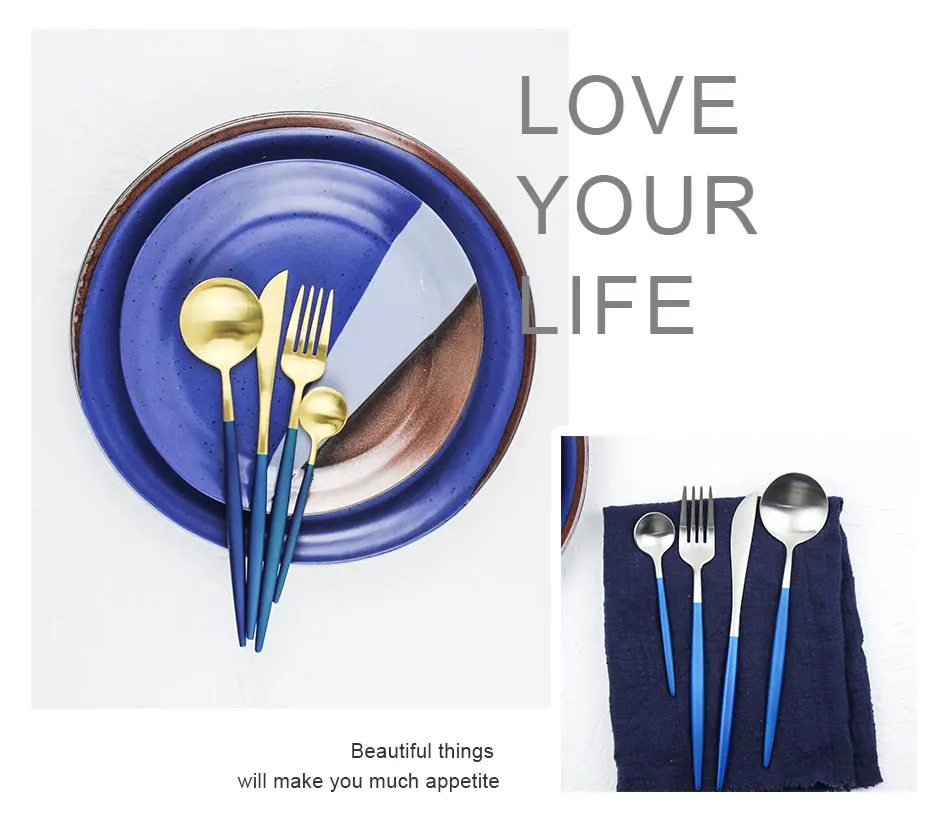 Luxury Blue Tableware Set 304 Stainless Steel Plating Gold Silver Knife Forks Cutlery Sets European Dinner Western Food 4pcs (4)