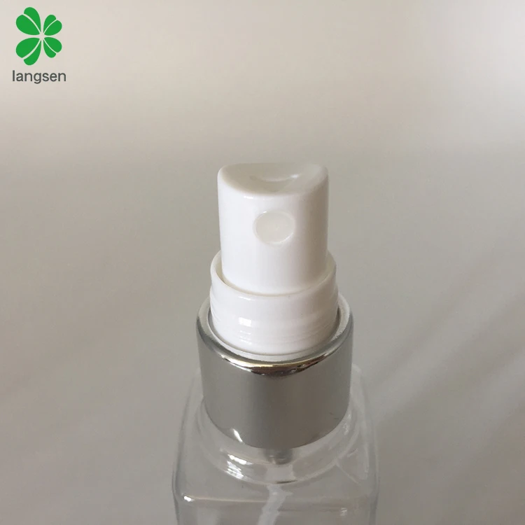 Refillable transparent plastic PET 40ml square perfume spray bottle with silver spray cover cap