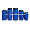 Open-top blue 55 gallon plastic drum with lid