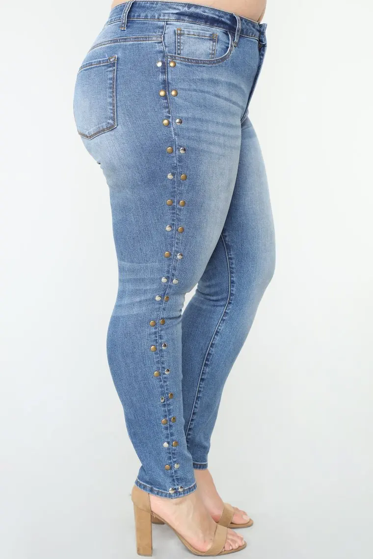 2018 Fashion Custom Stud Side Details Skinny Big Size Ladies Denim Jeans for Fat Women
