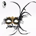 Gold Metal Venetian Women's Masquerade Mask Halloween Costume Shiny Rhinestone w/Ostrich Feather Symmetrical