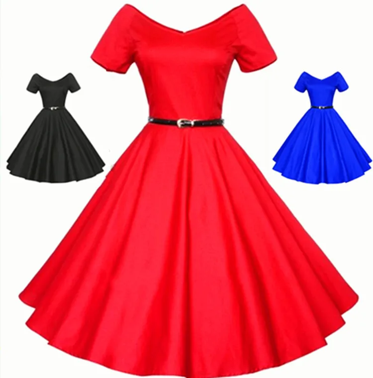 Verano de la mujer Sexy V-cuello vestidos de fiesta 50s 60s Vintage estilo Retro señoras Swing Rockabilly Rojo Negro Azul cariño vestido de baile de graduación