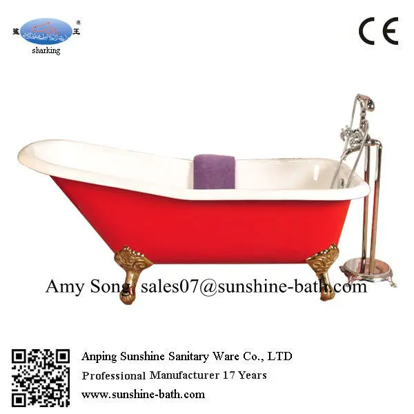 antique red freestanding cast iron slipper bath tub, claw foot