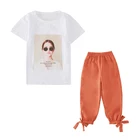 Casual style children's clothing set summer short sleeve white t shirt clothes + latern pants for girls