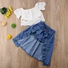 Fashion Children Girl Summer Clothes Off shoulder Lace White Tops+Denim Shorts Ruffles Bow Skirt Outfit Kids Clothing Set