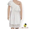 Party Wear Fairy Plain White One Shoulder Lace Trim Long Back Short Front Ruffle Design Little Girl Puffy Princess Dress