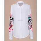Women summer elegant casual loose long sleeve top floral print chiffon shirts blouses