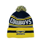 100% Acrylic knitted jacquard beanie POM POM Beanie Woven Patch Embroidery Logo Beanie hat