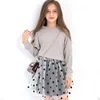 YY10192G Long sleeve gray knitted t-shirt + polka dot skirt autumn kids set