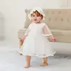 2019 Amazon latest design little girl baptism dress lace material with hat shawl girl baptism and christen