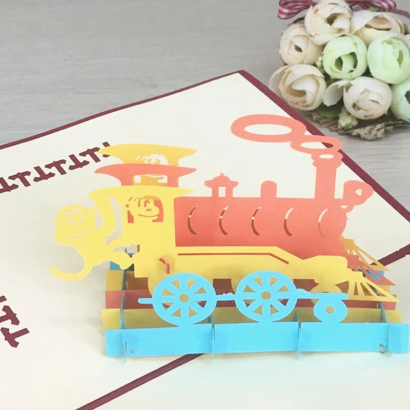 1pcs Christmas Happy Train 3D Laser Cut Greeting Pop Up Card Invitation Custom Postcards Christmas Thanksgiving Day Party Gifts (4)