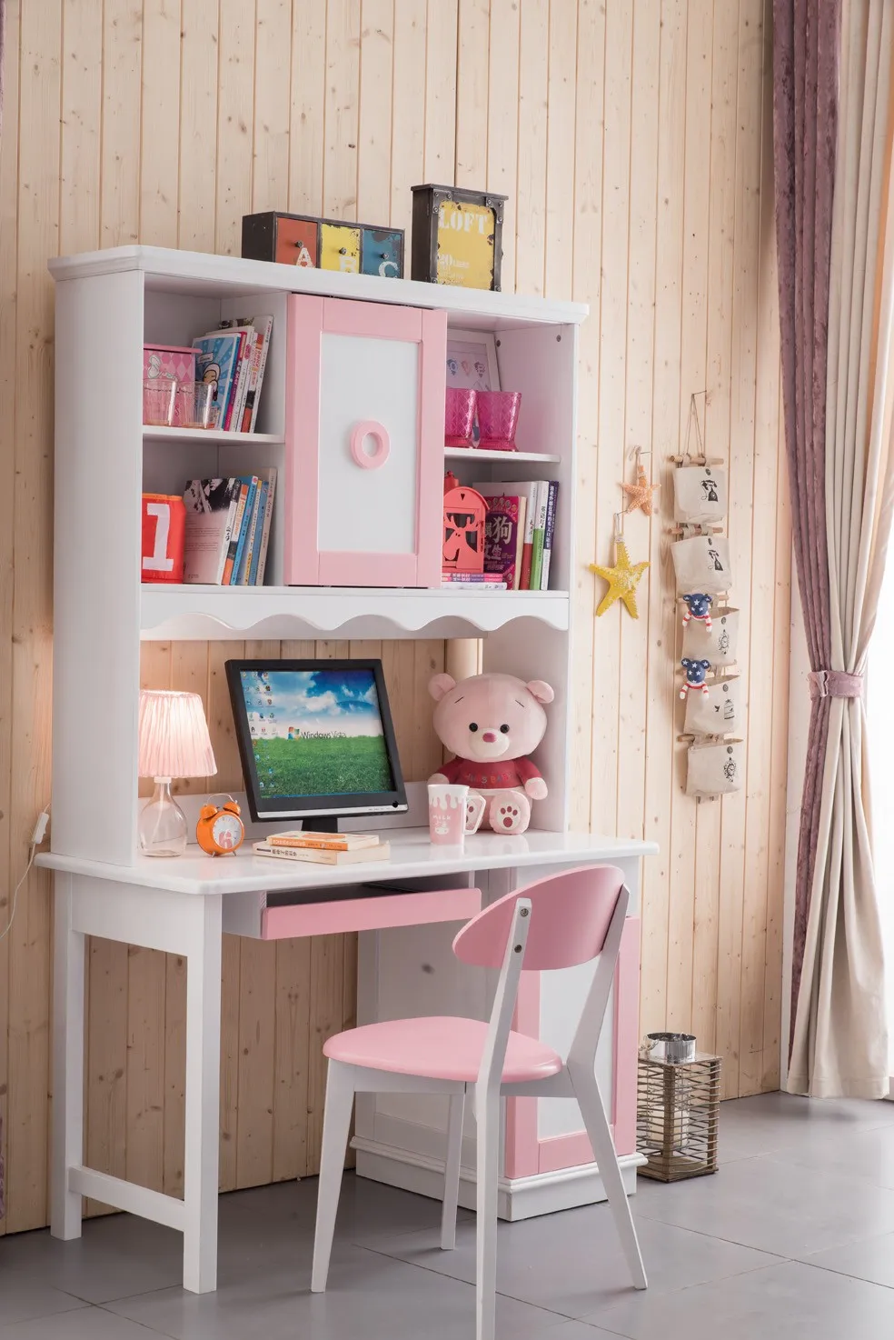 PINK DAN PUTIH Kayu Tidur Ganda Desain Dengan Kotak UNTUK GADIS