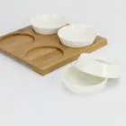 Wedding used white glazed food serving ceramic salad dessert bowl set with wooden tray