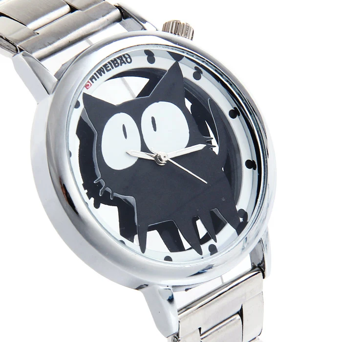 SHIWEIBAO Kids Stainless Steel Cartoon Watches Transparent PUSSY Dial Fashion Quartz Watch for Girls Montre Enfant Pour Fille