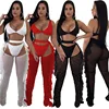 Women's 3 Pieces Outfit See Through Crop Top and Pants Sets Mesh Backless rhinestone pearl Jumpsuits Clubwear sexy lingerie