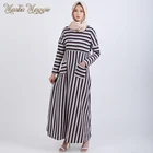 Sports Style Design Striped Elastic Waist Formal Abaya Muslim Women Dress Islamic Clothing