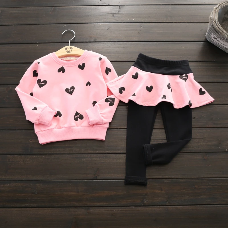 Kids Love Heart T Shirt Tops + Pantskirt 2PCS Suit 4