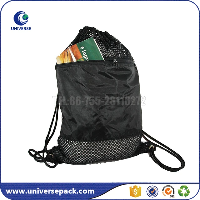 small black mesh drawstring backpack with front zipper pocket