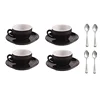 Set of 4 Modern Porcelain Black and White Espresso/Demitasse 3.2 Ounce Cups, Saucers, Stainless Steel Spoons