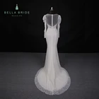 Champagne V neck long sleeve bridal gown beading floor length tulle wedding dress mermaid