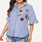 women plus size Embroidered Patch Striped Shirt