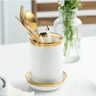 European style dold rimmed white kitchen utensil holder ceramic chopstick cutlery holder for table