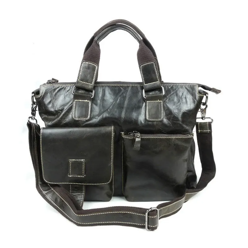 Genuine Cowhide Vintage Oil Wax Glossy Leather Men Briefcase Business Shoulder bag Fit For 14" Laptop # B260PR45