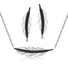 China Jewelry Wholesale Black Nano Jewelry Set 925 Silver Earrings Necklace Feather Shape Bridal Jewelry Set Indian