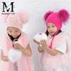 New Design Custom Real Fur Two Balls Winter Baby Knit Hat Kids Big Real Fur Pom Pom Winter Braid Beanie Pearl Children Fur Hat