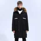 Men Long Down Coat With Real Fur Hood In Black