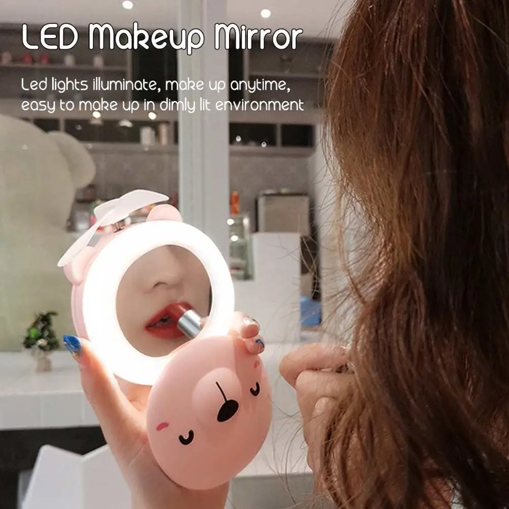 2019 new product pig  Holder Handheld Fan Makeup Mirror LED Mini Fan