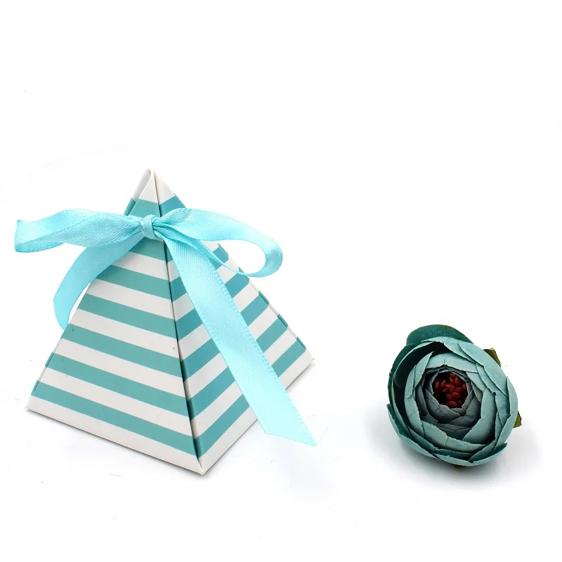 Newest Pyramid Candy Boxes With Ribbon Striped Gift Box For Guests Wedding Party Favor Decora Baby Shower Birthday Party (5)
