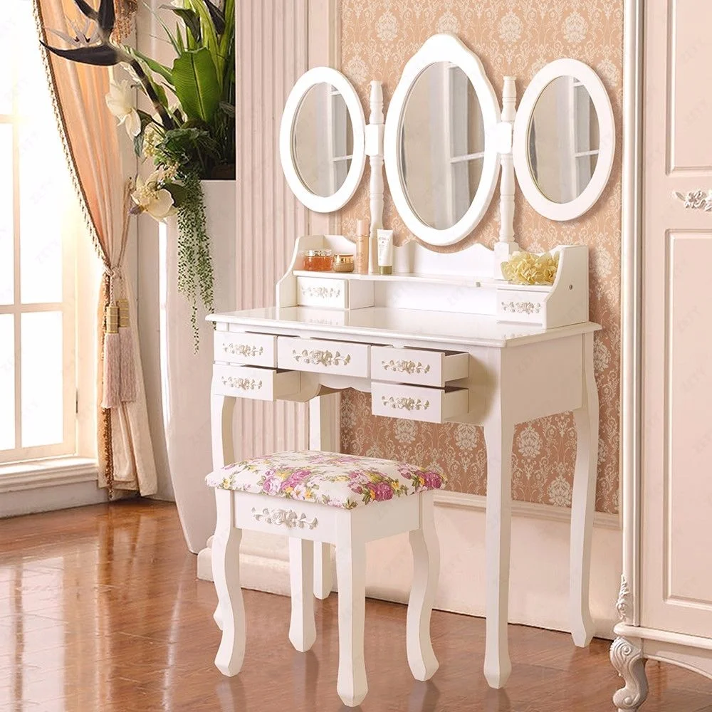 Shabby Chic Dressing Table Vanity Makeup Table Storage With Mirror And Stool Set Buy Dressing Mirror With Jewelry Storage Wooden Makeup Table With 3