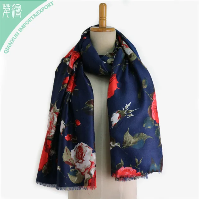 SC-129683 Navy Background Flower Printed Mature Travel Vacation Satin Long Scarf