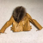 New fashion girls yellow customized raccoon fur collar kids leather jacket