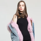 Women Jeans Short Style Denim Jacket with Real Raccoon Fur Collar Fox Lining
