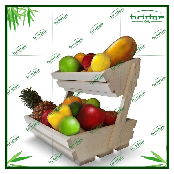 fruit basket stand, premium 2 tier wooden display rack for