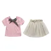 High quality bow T shirt and gauze skirt for girls children clothes suit