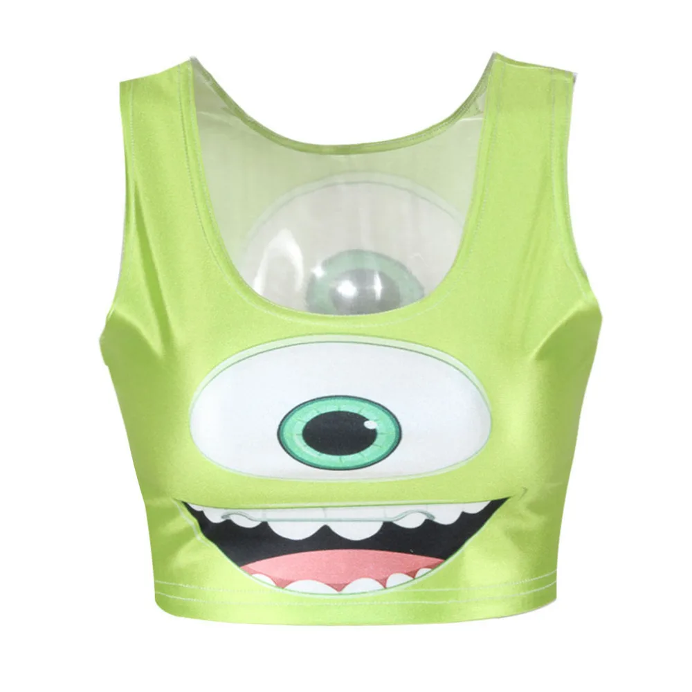 EAST KNITTING women summer t shirt Big Eyes Green Monster 3D Print punk crop Tops