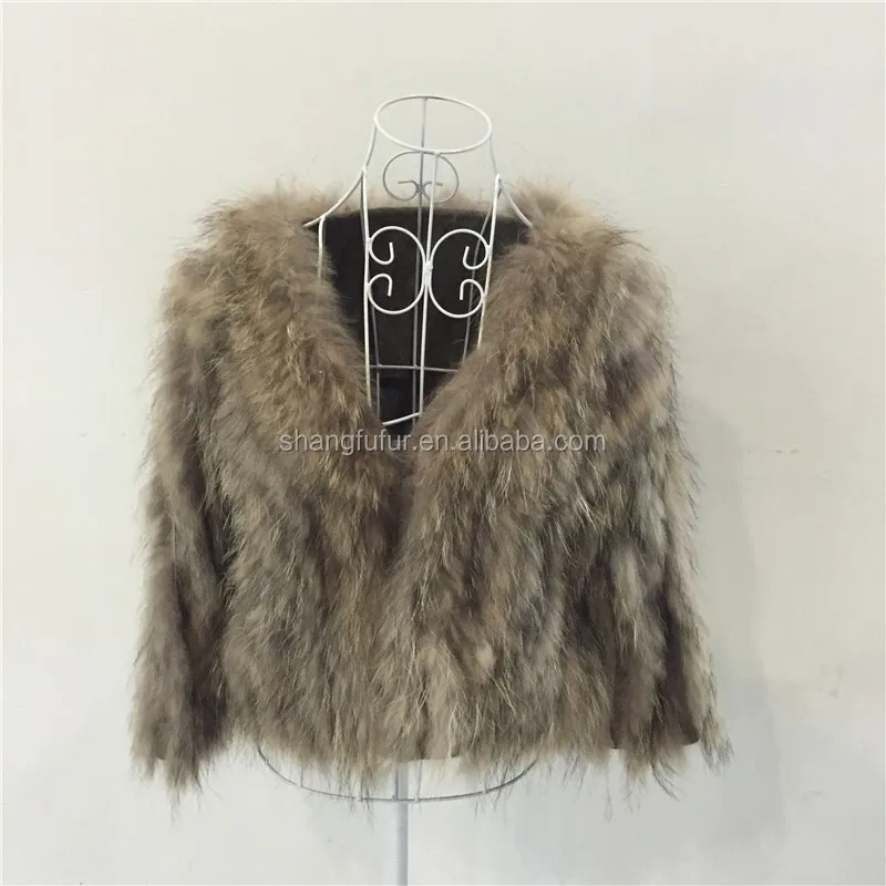 sf0015 classical natural real raccoon fur knitted fur coat for