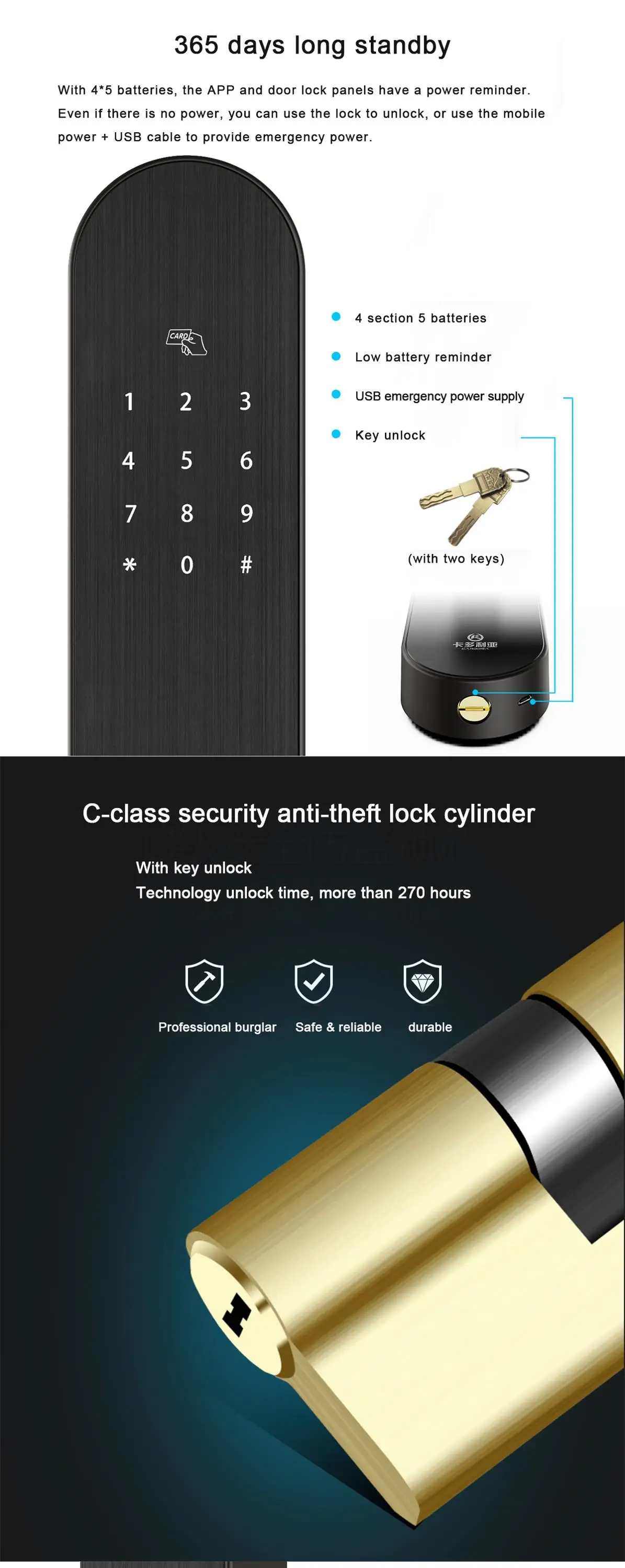 Smart phone lock app control bluetooths fingerprint password door lock support Android and IOS phone system